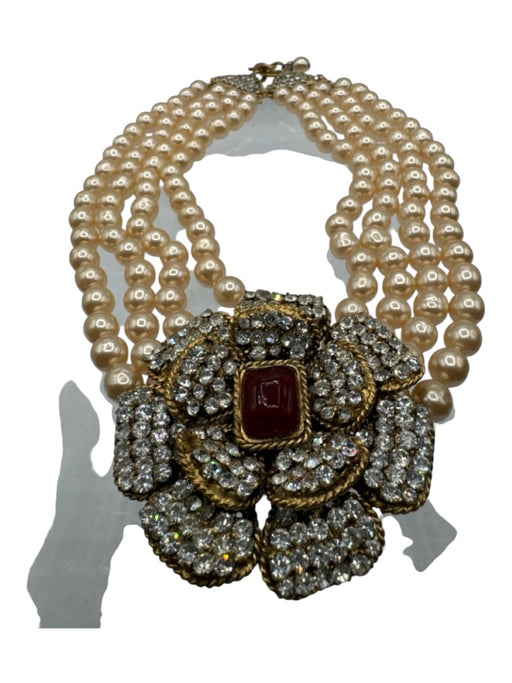 Chanel Beige & Red Faux Pearl Rhinestone Flower Gold Hardware 4 Strand Necklace Beige & Red