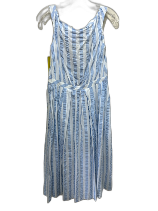 Thierry Colson Size M White & Blue Cotton Striped Seersucker Wide Neck Dress White & Blue / M