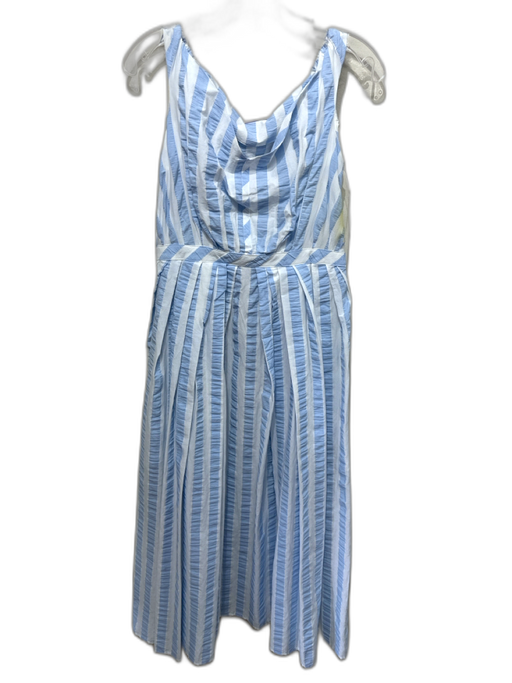 Thierry Colson Size M White & Blue Cotton Striped Seersucker Wide Neck Dress White & Blue / M