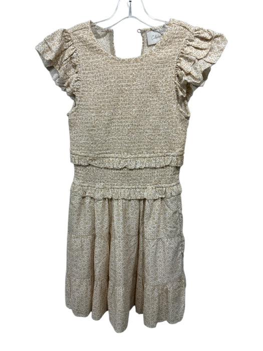 Cleobella Size XS Beige & White Cotton Ruffle Cap Sleeve Geometric Print Dress Beige & White / XS