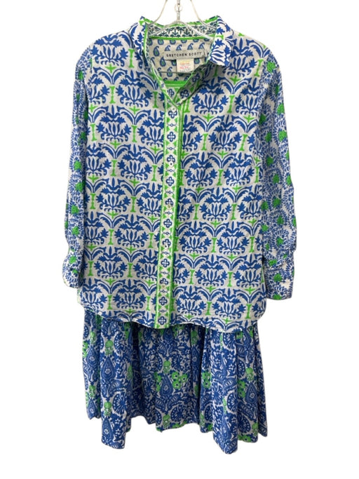 Gretchen Scott Size XS Green, Blue, White Cotton Long Sleeve Blouse Skirt Set Green, Blue, White / XS