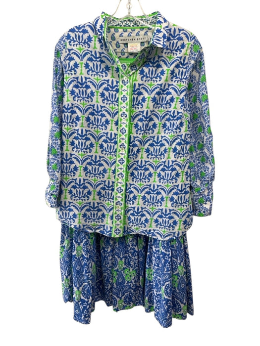 Gretchen Scott Size XS Green, Blue, White Cotton Long Sleeve Blouse Skirt Set Green, Blue, White / XS