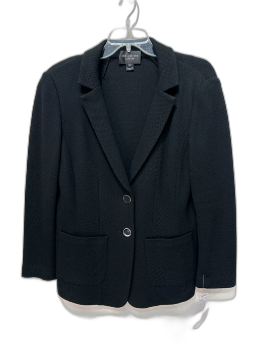St John Caviar Size 12 Black Wool Blend Knit Shoulder Pads Two Button Jacket Black / 12