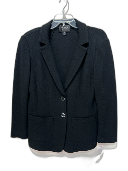 St John Caviar Size 12 Black Wool Blend Knit Shoulder Pads Two Button Jacket Black / 12