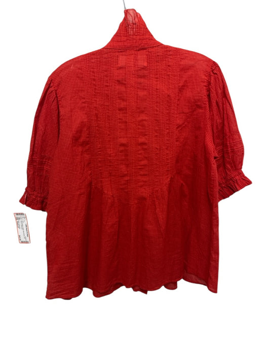 Birds of Paradis Size Medium Red Orange Cotton Microcheck Puff Sleeve Top Red Orange / Medium