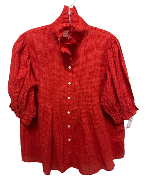 Birds of Paradis Size Medium Red Orange Cotton Microcheck Puff Sleeve Top Red Orange / Medium