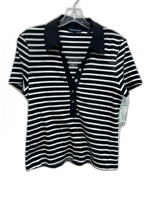 Veronica Beard Size L Black White & Beige Cotton Blend Ribbed Knit Stripe Top Black White & Beige / L