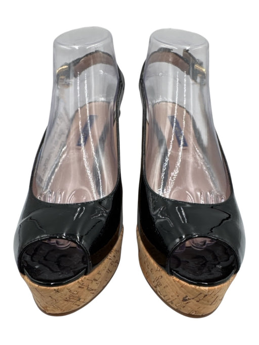 Stuart Weitzman Shoe Size 9 Black & Tan Patent Leather Cork Heel Peep Toe Wedges Black & Tan / 9