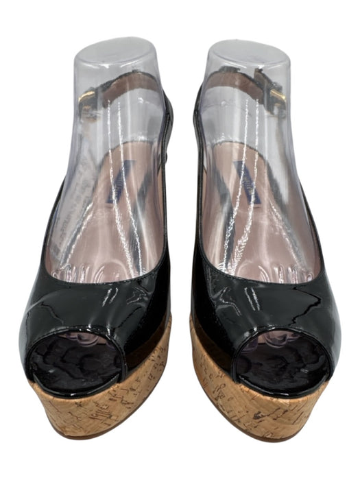 Stuart Weitzman Shoe Size 9 Black & Tan Patent Leather Cork Heel Peep Toe Wedges Black & Tan / 9
