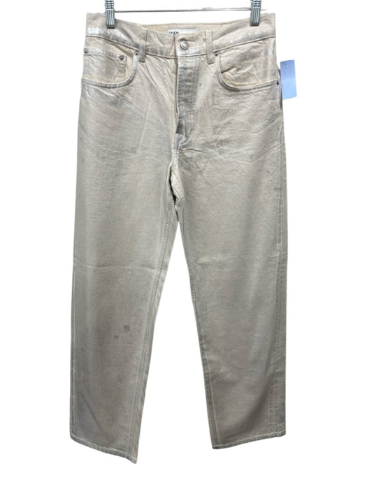 Zara Size M Cream & Silver Cotton Denim Painted Wide Leg Jeans Cream & Silver / M