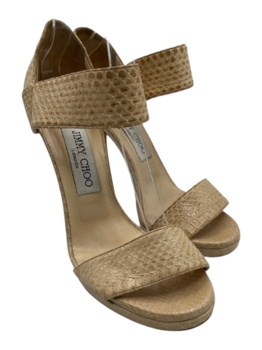 Jimmy Choo Shoe Size 37.5 Beige Snake Leather Ankle Strap Elastic Pump Sandals Beige / 37.5
