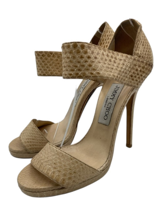 Jimmy Choo Shoe Size 37.5 Beige Snake Leather Ankle Strap Elastic Pump Sandals Beige / 37.5
