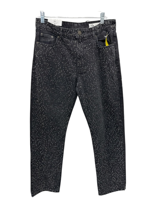 Zara Size 28 Faded Black Cotton Denim Rhinestone High Rise Wide Leg Jeans Faded Black / 28