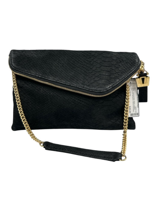 Henri Bendel Black Leather Gold Tone Hardware Python Embossed Flap Top Bag Black