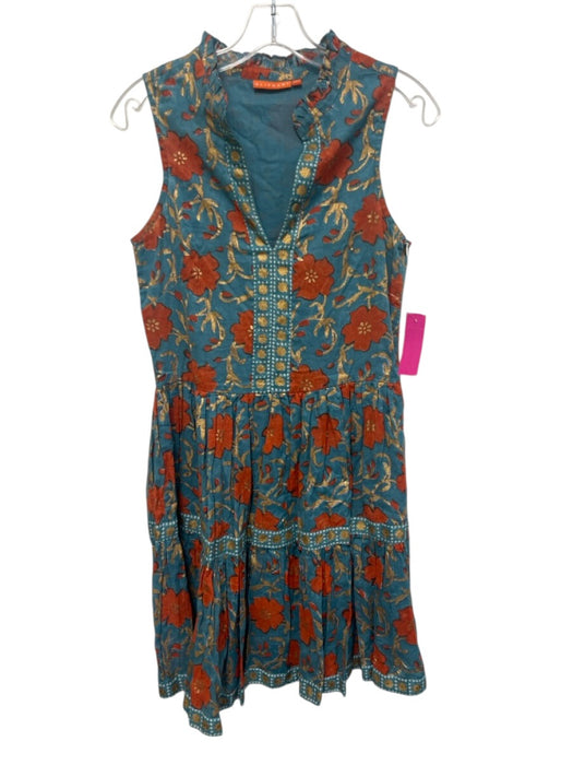 Oliphant Size XXS Blue, Orange, Gold Cotton Sleeveless Floral Print Mini Dress Blue, Orange, Gold / XXS