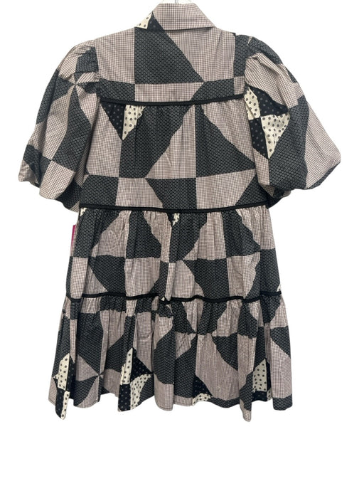 Aureum Size XS Cream & Black Cotton Short Puff Sleeve Patchwork Buttons Dress Cream & Black / XS