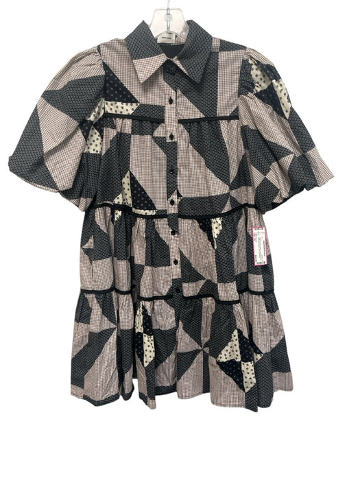 Aureum Size XS Cream & Black Cotton Short Puff Sleeve Patchwork Buttons Dress Cream & Black / XS