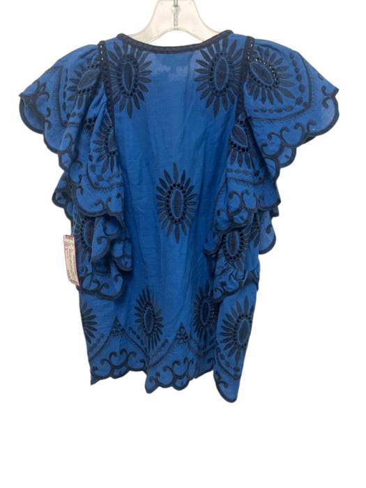 Sea New York Size 0 Blue & Navy Cotton Ruffle Cap Sleeve Floral Eyelet Top Blue & Navy / 0