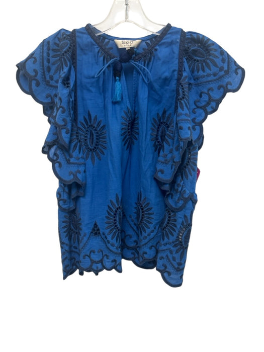 Sea New York Size 0 Blue & Navy Cotton Ruffle Cap Sleeve Floral Eyelet Top Blue & Navy / 0