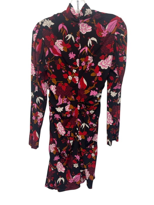 A.L.C. Size 0 Black, Red, Pink Silk Long puff sleeve Floral Print Midi Dress Black, Red, Pink / 0
