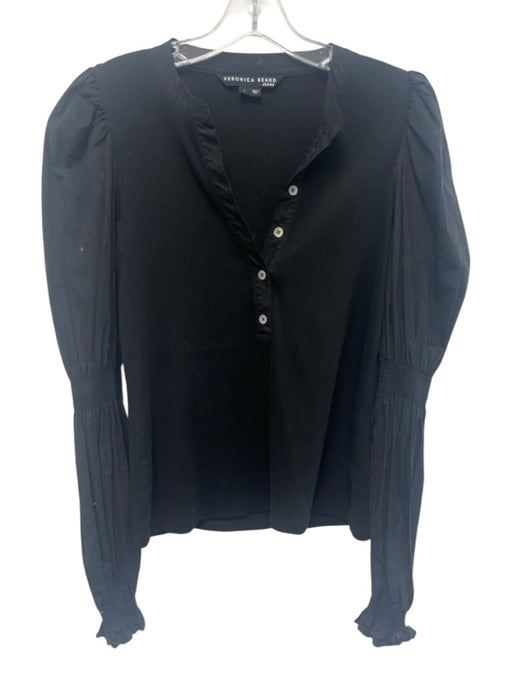 Veronica Beard Jeans Size L Black Cotton Blend Mixed Fabric Ribbed V Neck Top Black / L