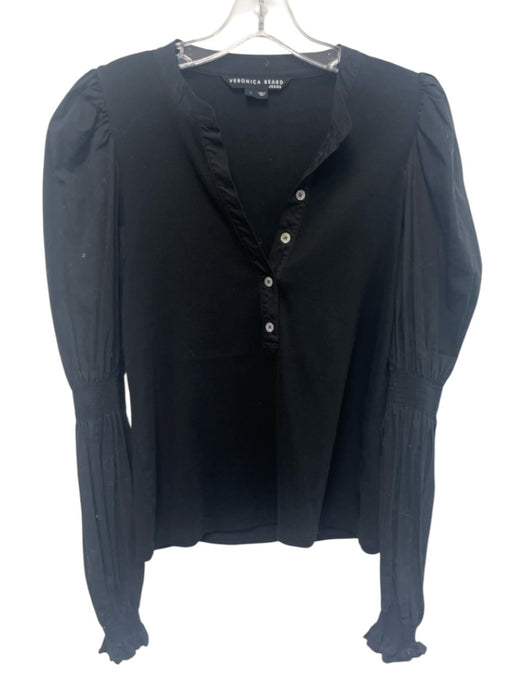 Veronica Beard Jeans Size L Black Cotton Blend Mixed Fabric Ribbed V Neck Top Black / L