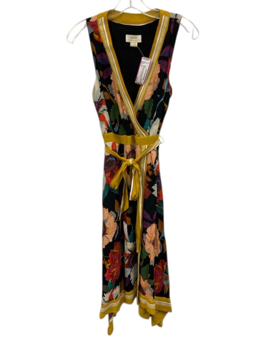 Maeve Size 6 Black, Yellow & Multi Viscose Floral Tie Waist Midi V Neck Dress Black, Yellow & Multi / 6