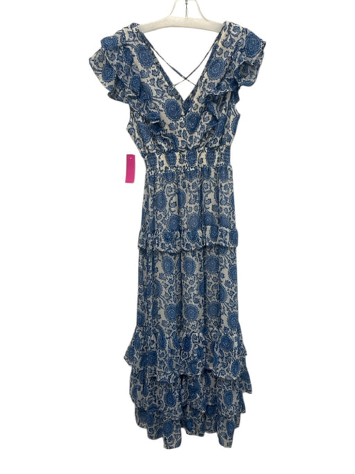 Aqua Size XS Blue Poly Blend Printed Gold Thread Maxi Flutter Sleeve Dress Blue / XS