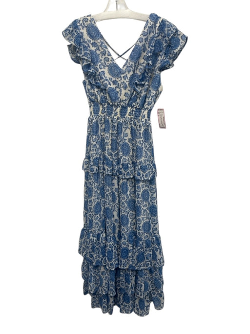 Aqua Size XS Blue Poly Blend Printed Gold Thread Maxi Flutter Sleeve Dress Blue / XS