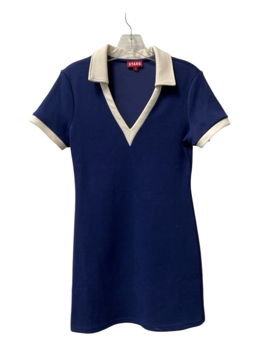 Staud Size Small Blue & Cream Polyester Blend Short Sleeve Deep V neck Dress Blue & Cream / Small