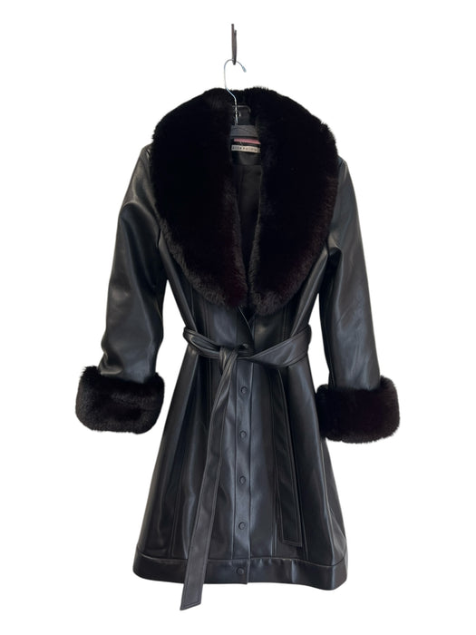 Alice + Olivia Size M Black PU leather Button Front High Collar Faux Fur Coat Black / M