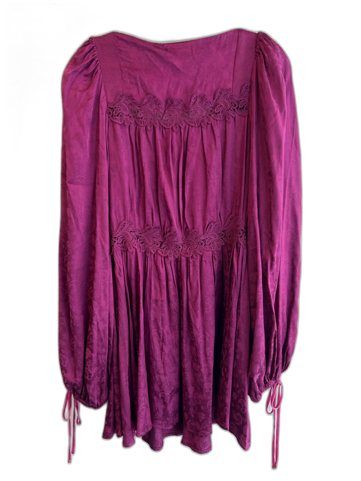 For Love & Lemons Size S Plum Rayon Tie V Neck Long Sleeve Lace Detail Dress Plum / S