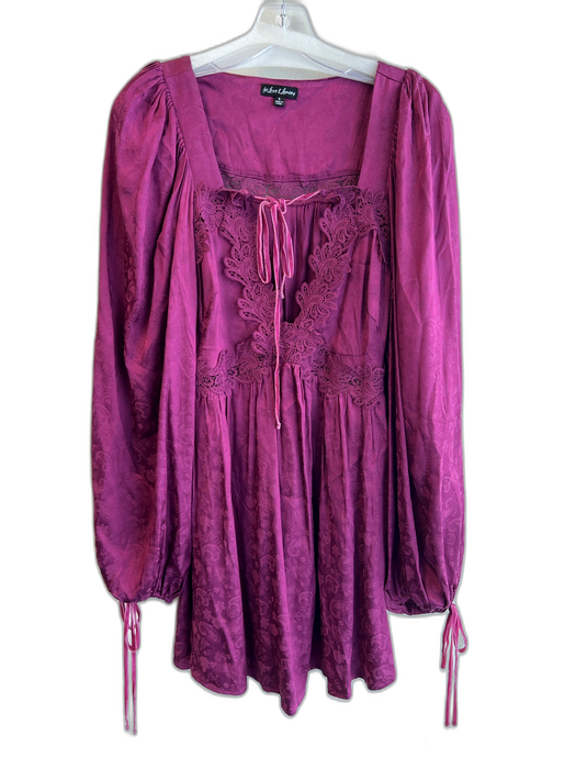 For Love & Lemons Size S Plum Rayon Tie V Neck Long Sleeve Lace Detail Dress Plum / S