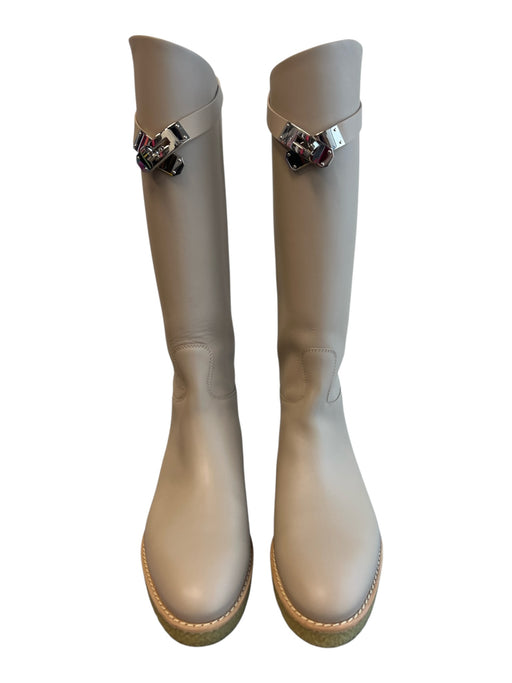 Hermes Shoe Size 38 Warm Gray Leather Silver Hardware Knee High Almond Toe Boots Warm Gray / 38