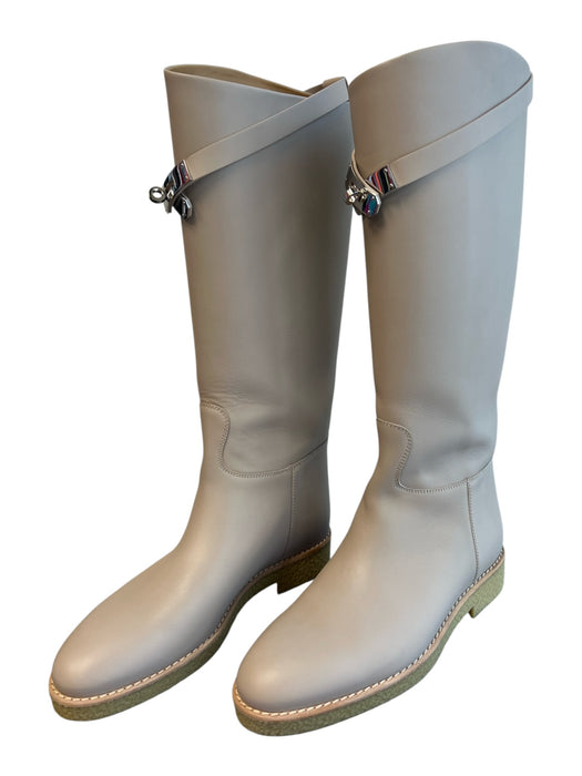 Hermes Shoe Size 38 Warm Gray Leather Silver Hardware Knee High Almond Toe Boots Warm Gray / 38