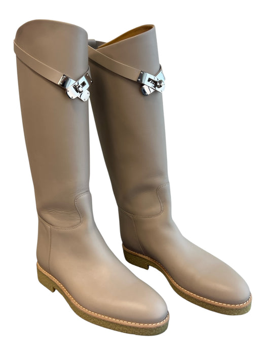 Hermes Shoe Size 38 Warm Gray Leather Silver Hardware Knee High Almond Toe Boots Warm Gray / 38