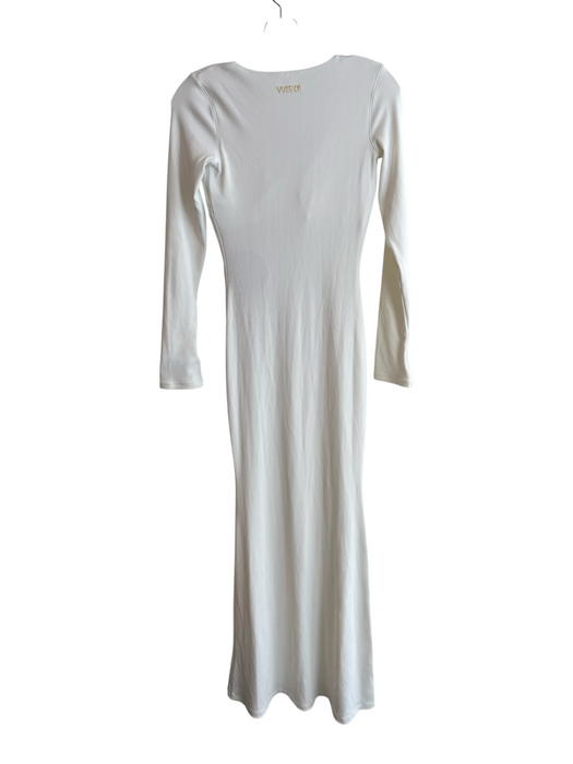 WISKII Size Medium White Lycra Ribbed Long Sleeve V Neck Flower Detail Dress White / Medium