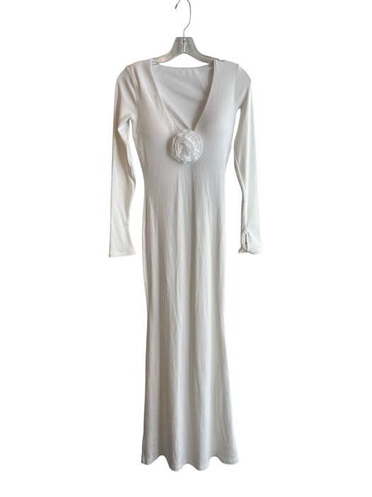 WISKII Size Medium White Lycra Ribbed Long Sleeve V Neck Flower Detail Dress White / Medium