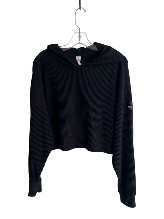 Alo Size Medium Black Polyester Blend Ribbed Hood Long Sleeve Pull Over Top Black / Medium