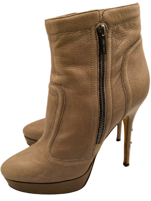 Jimmy Choo Shoe Size 40 Taupe Beige Leather Almond Toe Zip Detail Booties