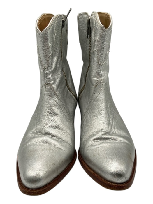 Free People Shoe Size 37 Silver Pebbled Leather Pointed Toe Stacked Heel Booties Silver / 37