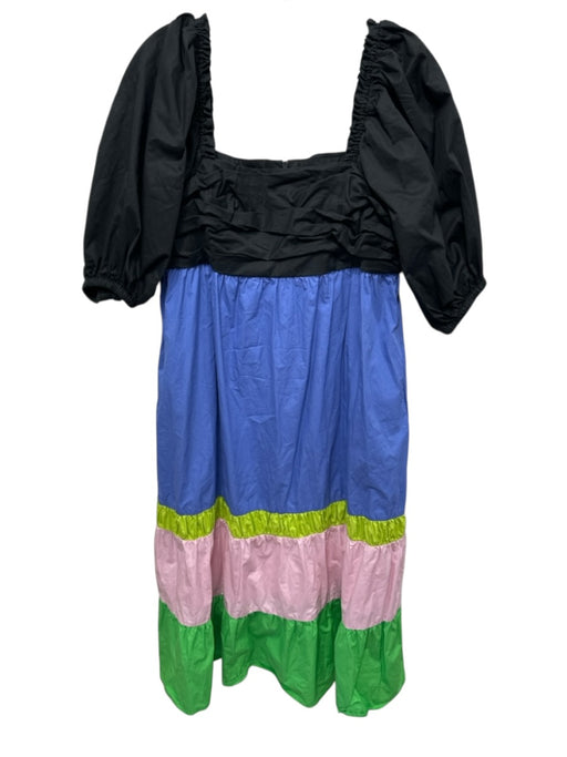 Crosby Size S Black & Multi Cotton Short Puff Sleeve Color Block Midi Dress Black & Multi / S
