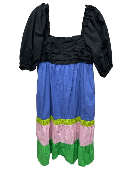 Crosby Size S Black & Multi Cotton Short Puff Sleeve Color Block Midi Dress Black & Multi / S