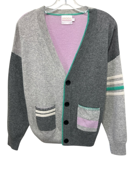 Brodie Size M Gray, Teal & Purple Cashmere Knit Color Block Button Front Sweater Gray, Teal & Purple / M