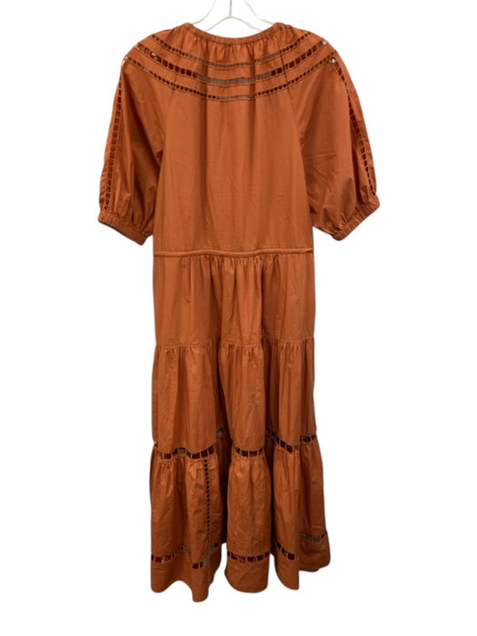 A.L.C. Size 8 Terra Cotta Orange Cotton Short Puff Sleeve Ladder Lace Midi Dress Terra Cotta Orange / 8