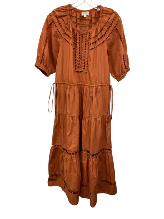 A.L.C. Size 8 Terra Cotta Orange Cotton Short Puff Sleeve Ladder Lace Midi Dress Terra Cotta Orange / 8