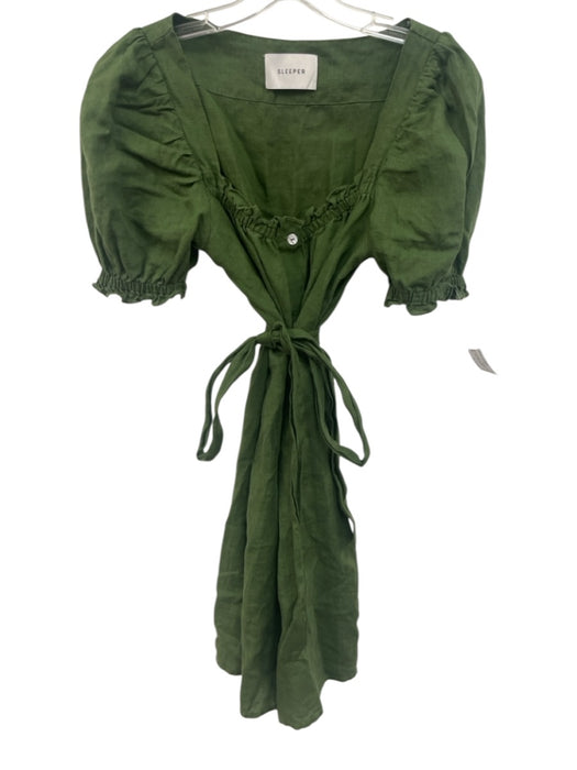 Sleeper Size M Green Linen Short Puff Sleeve Square Neck Buttons Mini Dress Green / M