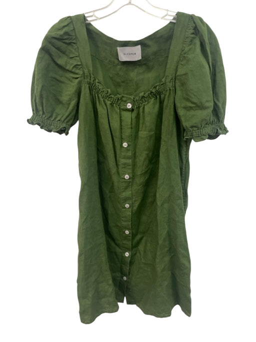 Sleeper Size M Green Linen Short Puff Sleeve Square Neck Buttons Mini Dress Green / M