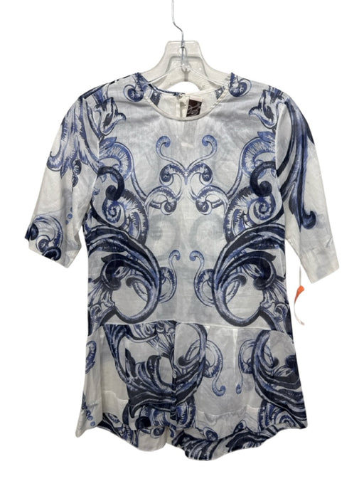 Lela Rose Size Est M White & Blue Missing Fabric Tag Semi Sheer Keyhole Back Top White & Blue / Est M