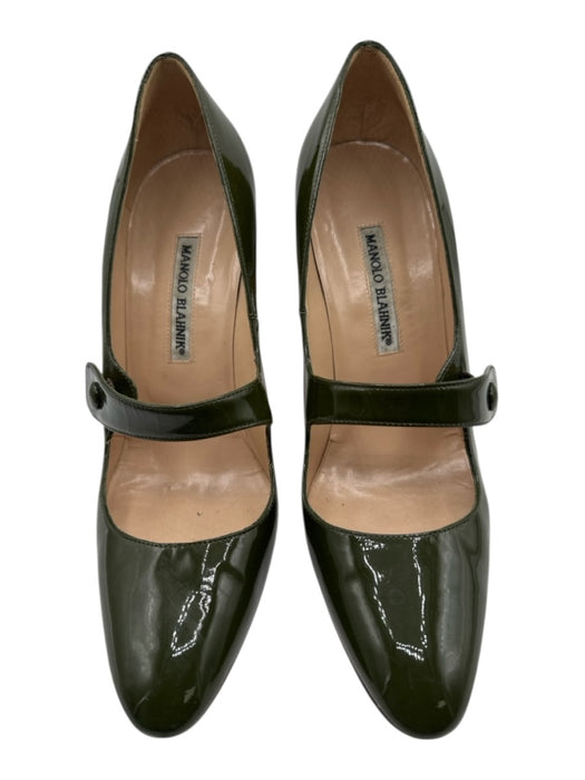 Manolo Blahnik Shoe Size 40 Olive Green Leather Upper Patent Mary Jane Pumps Olive Green / 40